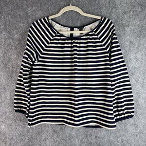 J. Crew Striped Peasant‎ Navy Blue White Top Size S Preppy Nautical Coastal